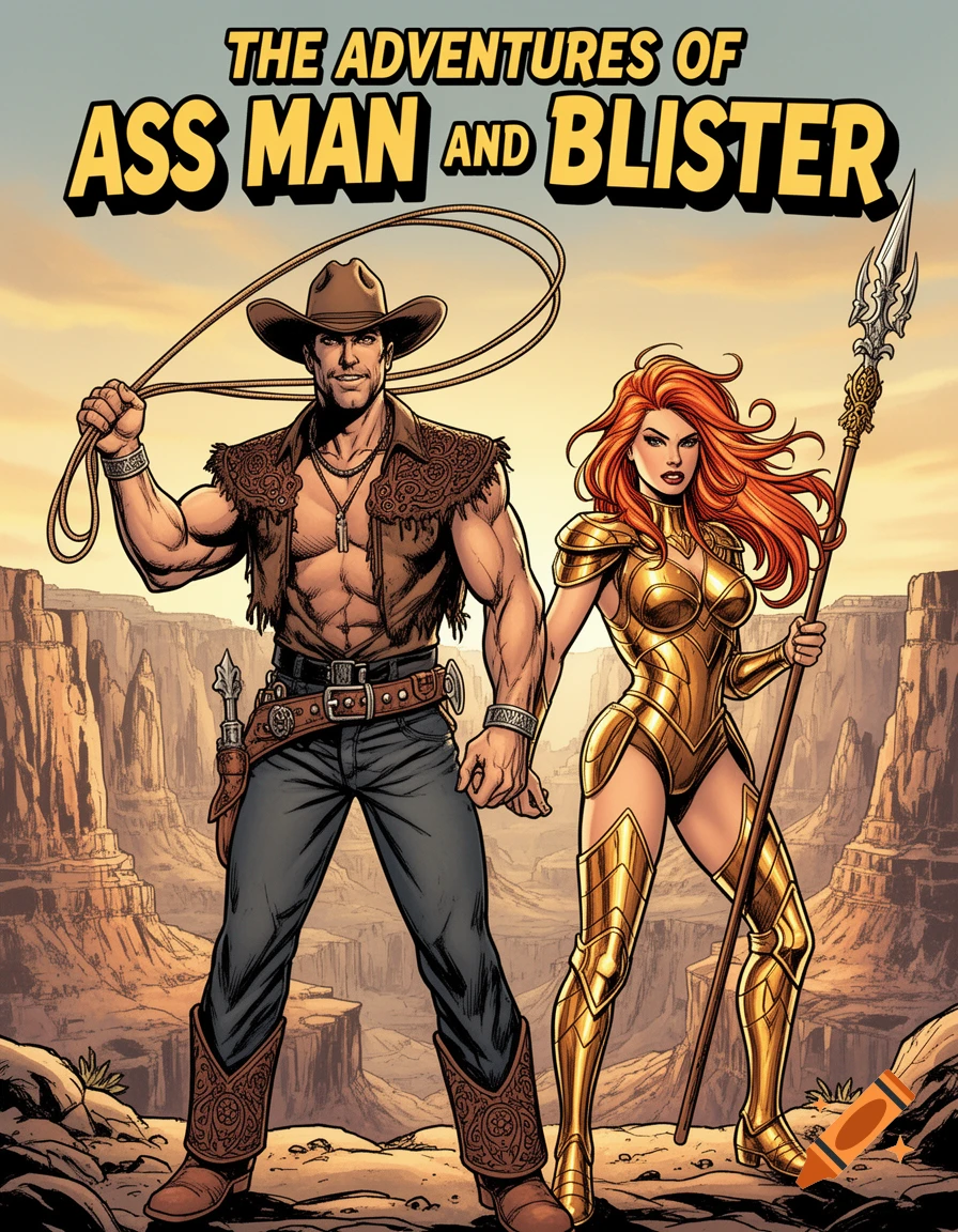 A muscular cowboy-like man and a woman in golden armor stand in a desert canyon, comic book style, titled 'The Adventures of Ass Man and Blister'.