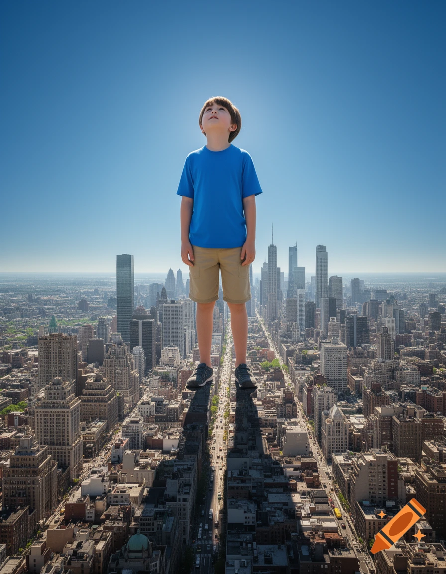 A giant young boy in a blue shirt and khaki shorts stands overlooking a vast cityscape under a bright blue sky.