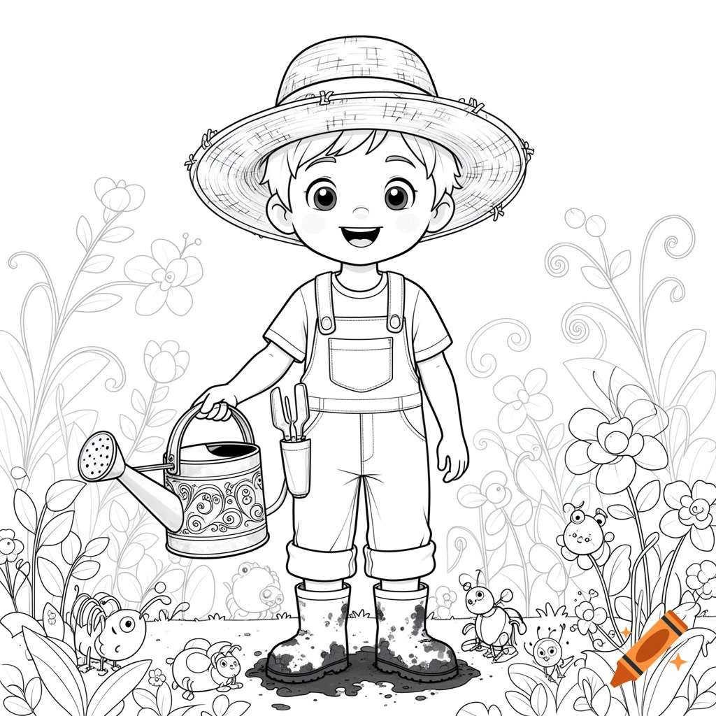 Black and white coloring page of a smiling cartoon child gardener in a straw hat, overalls, and muddy boots, holding a watering can, surrounded by flowers and insects.