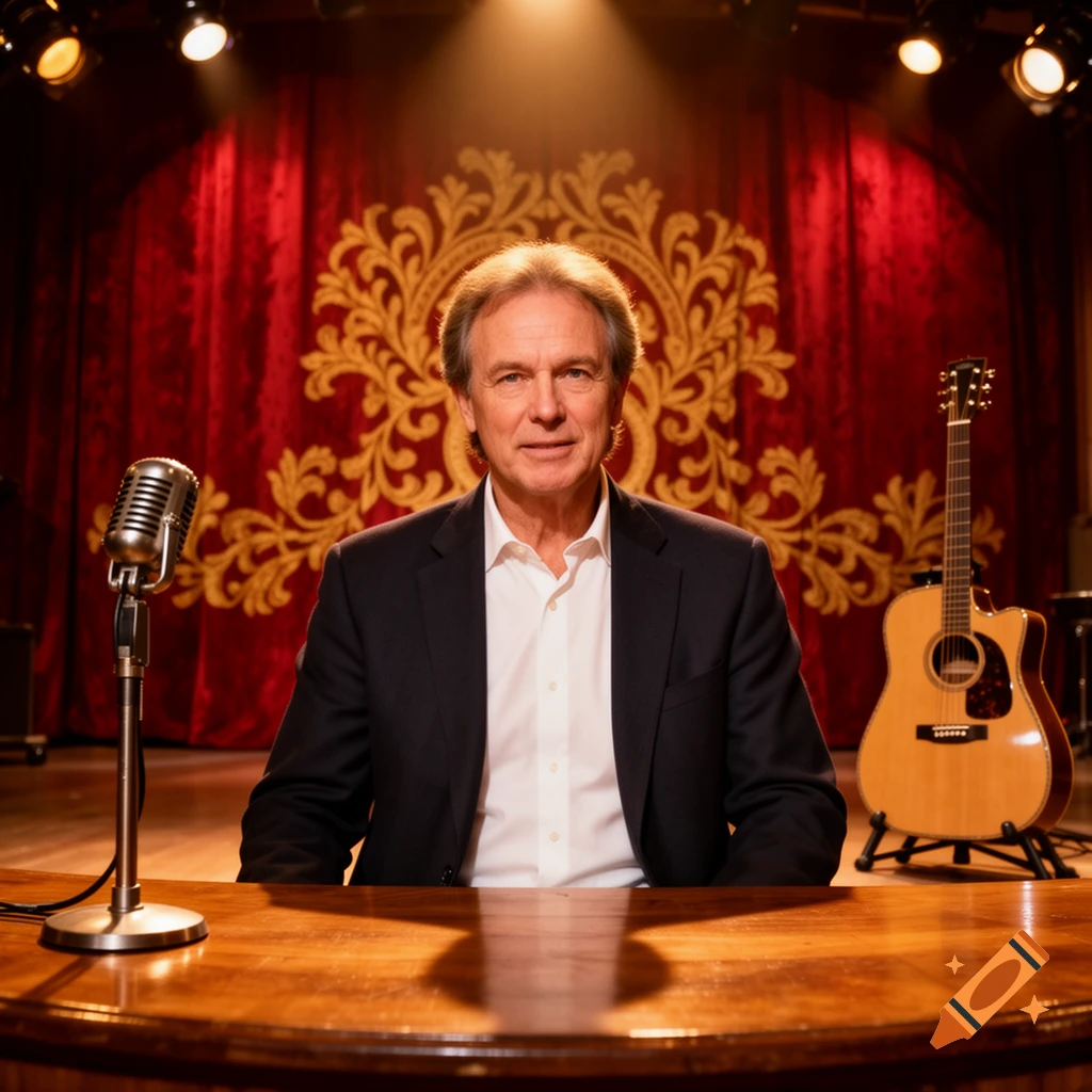 A man in a suit sits at a wooden table on a stage with a vintage microphone and an acoustic guitar, under warm spotlights.
