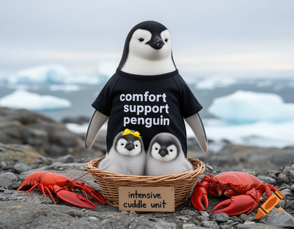 A large adult penguin wearing a black t-shirt with 'comfort support penguin' printed on it, stands behind a basket holding two baby penguins. A sign on the basket reads 'intensive cuddle unit'. A red lobster and a red crab are on the rocky ground next to them, with icebergs in the background.
