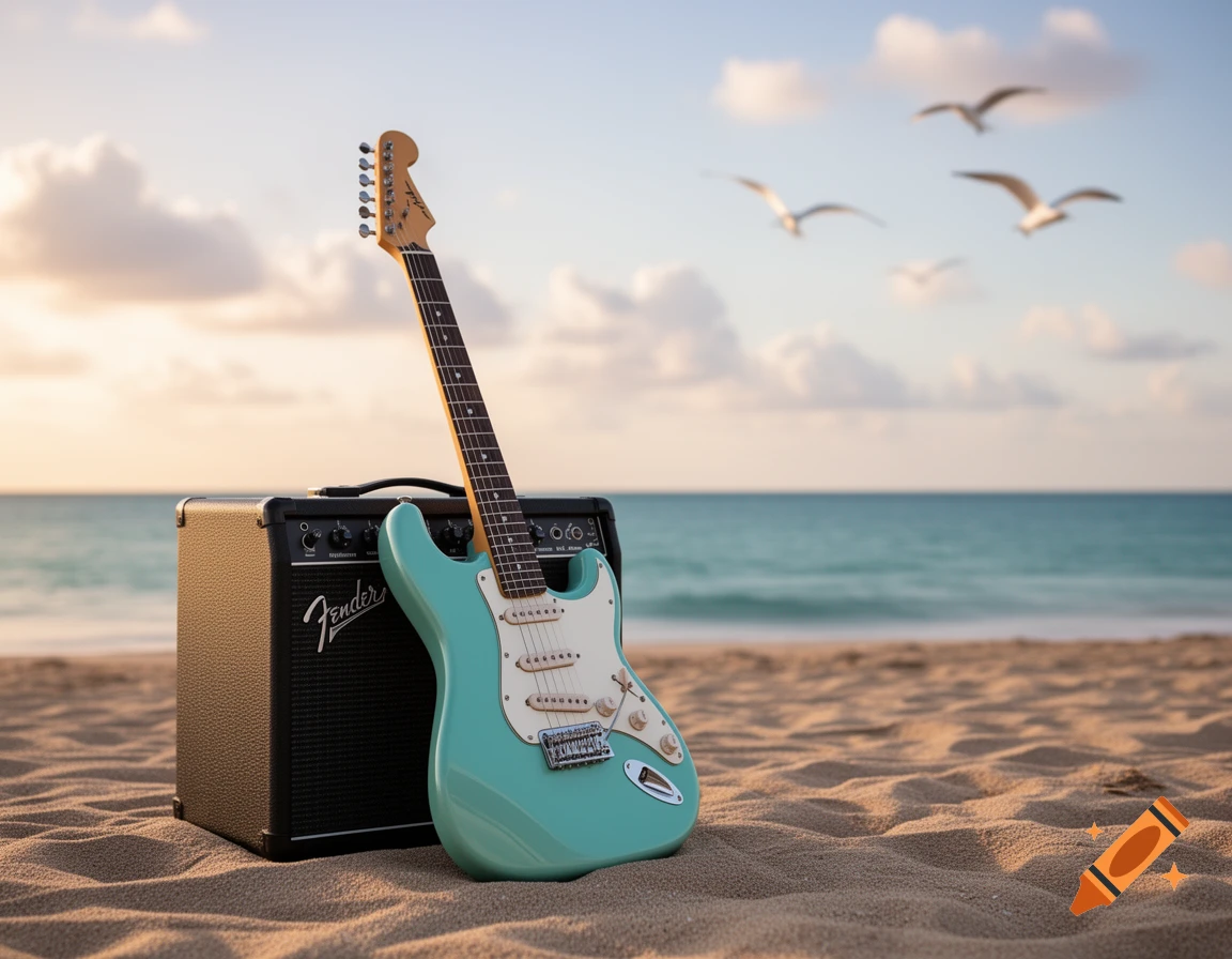 A turquoise Fender Stratocaster guitar leans against a black Fender amplifier on a sandy beach at sunset, with the ocean and birds in the background.