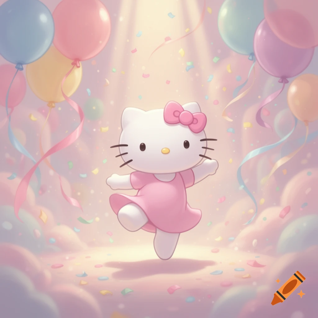 Hello Kitty in a pink dress dancing amidst pastel balloons, ribbons, and falling confetti in a cute, animated style.
