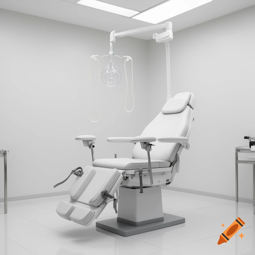 A pristine, modern medical examination room featuring a white gynecologist's chair with restraints, an oxygen mask, and small side tables.