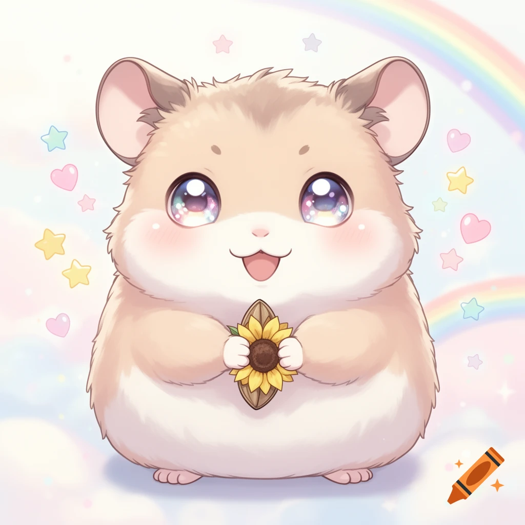 A cute, chubby, anime-style hamster with big sparkly eyes holds a sunflower seed against a pastel background with rainbows and stars.