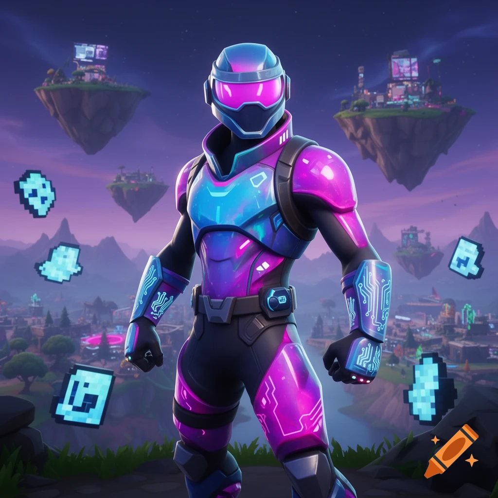 A neon blue and pink armored character, resembling a Fortnite skin, stands on a hill with floating pixelated icons and futuristic islands in the sky.