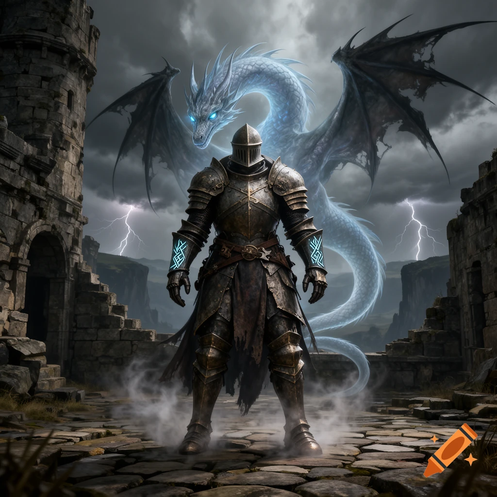 A dark knight stands in ruined castle grounds with a spectral blue dragon behind him, lightning striking in the stormy sky.