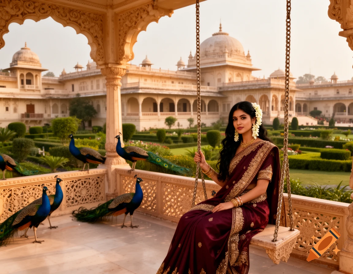 A beautiful Indian woman in a burgundy sari sits on a swing on a palace terrace, with peacocks in the gardens behind her.