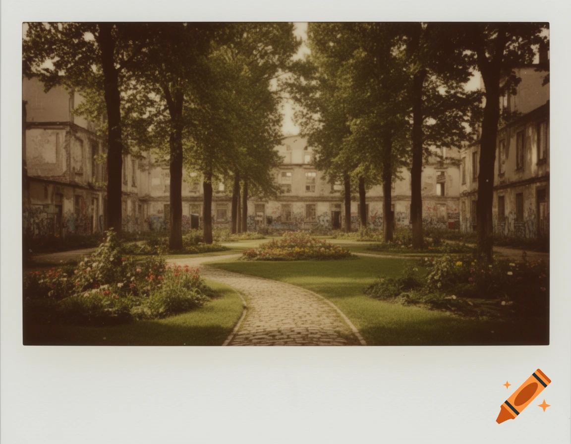 Vintage polaroid of a tree-lined cobblestone path through a neglected urban courtyard with overgrown gardens and graffiti-covered buildings.