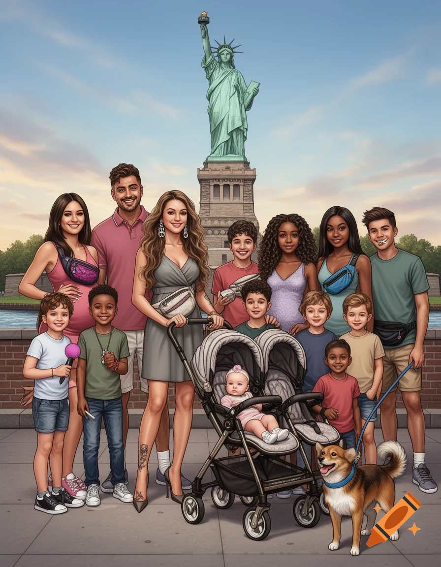 A large multi-ethnic family group, including parents, teenagers, children, a baby in a double stroller, and a dog, poses in front of the Statue of Liberty in a detailed, realistic illustration style.