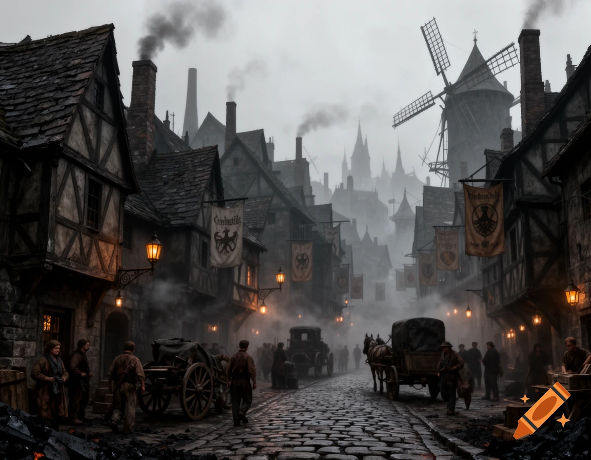 A dark, foggy medieval street with timber-frame buildings, glowing lanterns, people, carts, and a distant windmill under a smoky sky.