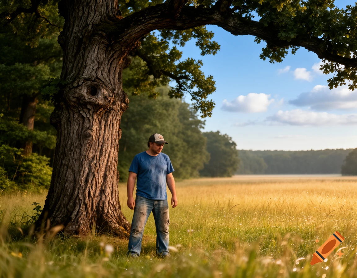 A man in a blue shirt and jeans stands by a large tree in a sunny meadow with a forest in the background, photorealistic.