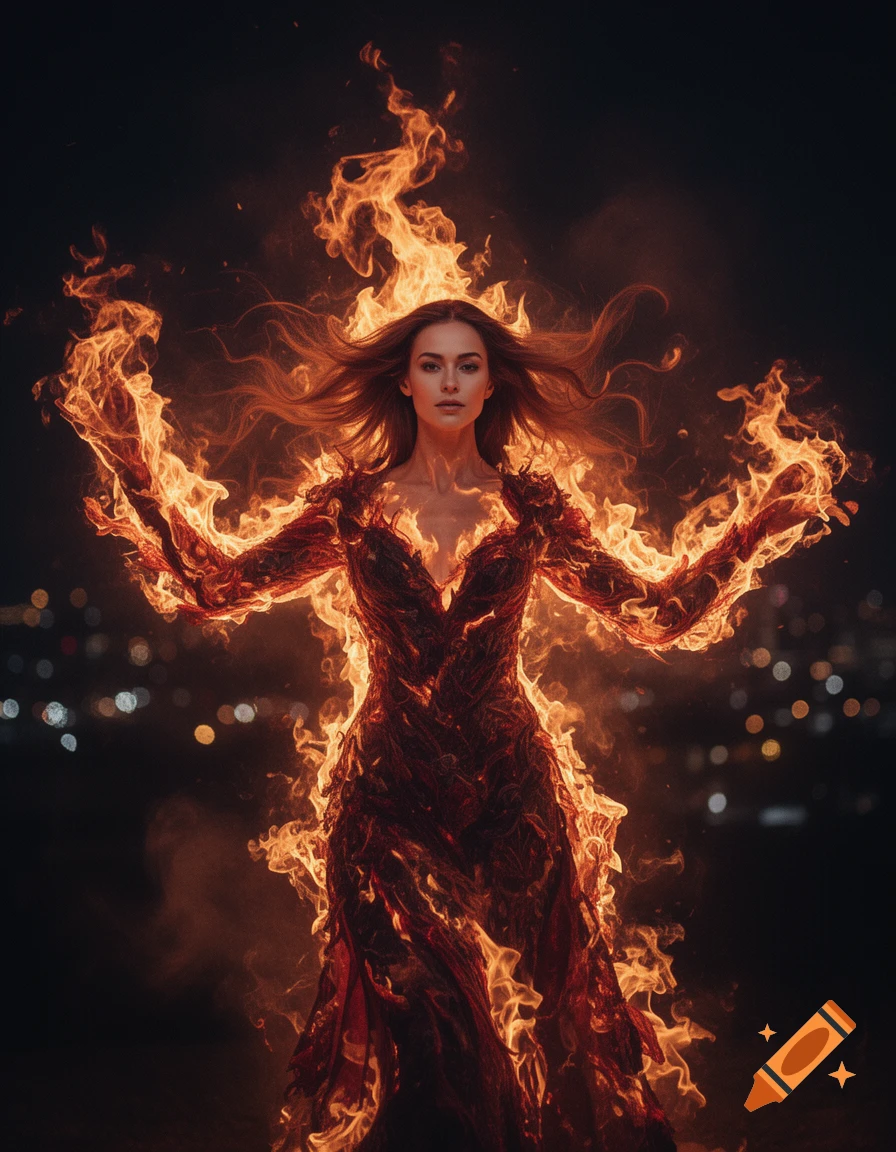A powerful woman with long hair stands, engulfed in vibrant orange and red flames, against a dark background with blurred city lights.