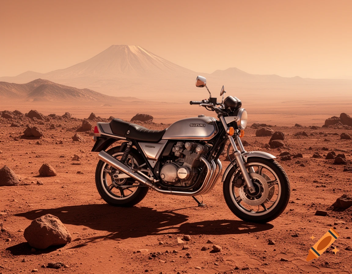A silver Suzuki motorcycle parked on a red, rocky Martian desert landscape with a distant snow-capped volcano under an orange sky.