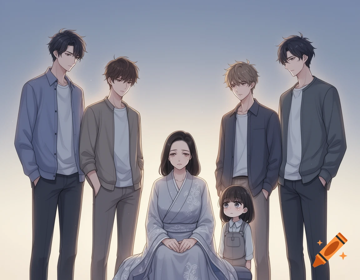 Anime illustration of a sad mother sitting with her four sons and young daughter standing around her.