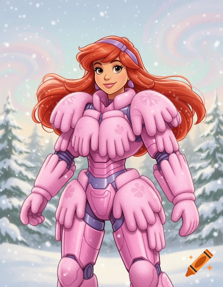 Daphne from Scooby-Doo stands in a snowy forest, wearing bulky pink power armor made of fuzzy winter gloves, with snowflakes falling around her.
