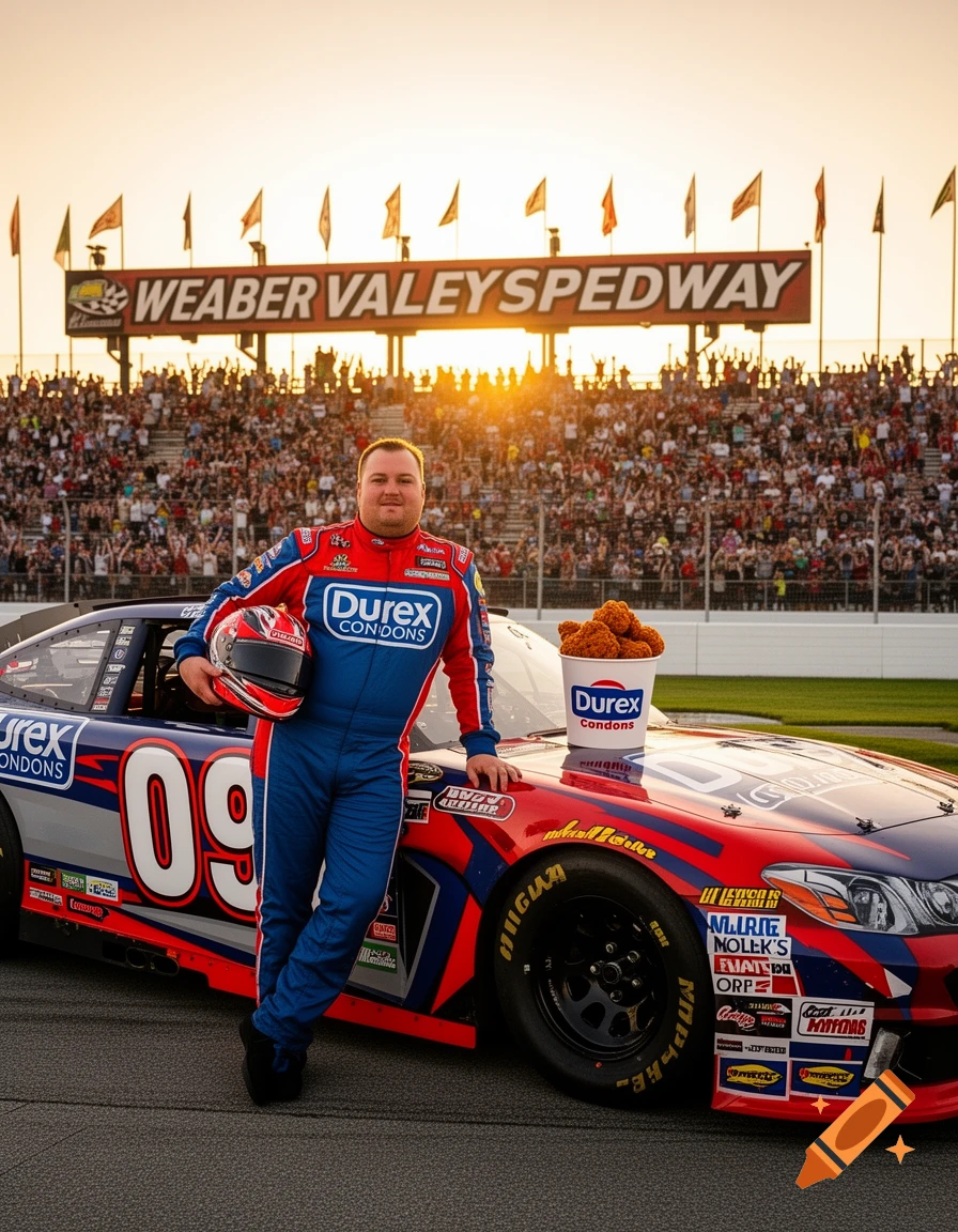 A race car driver in a red and blue firesuit holding a helmet, standing next to a Durex-sponsored car with '09' and a bucket of chicken, at Weaber Valley Speedway during sunset.