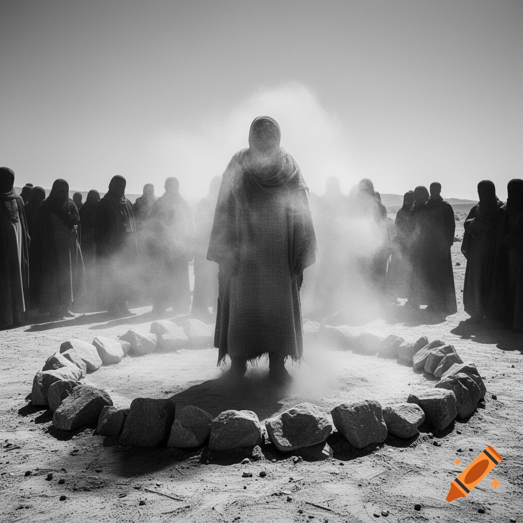 A robed figure stands in a desert surrounded by a circle of rocks and other robed figures, rendered in black and white.