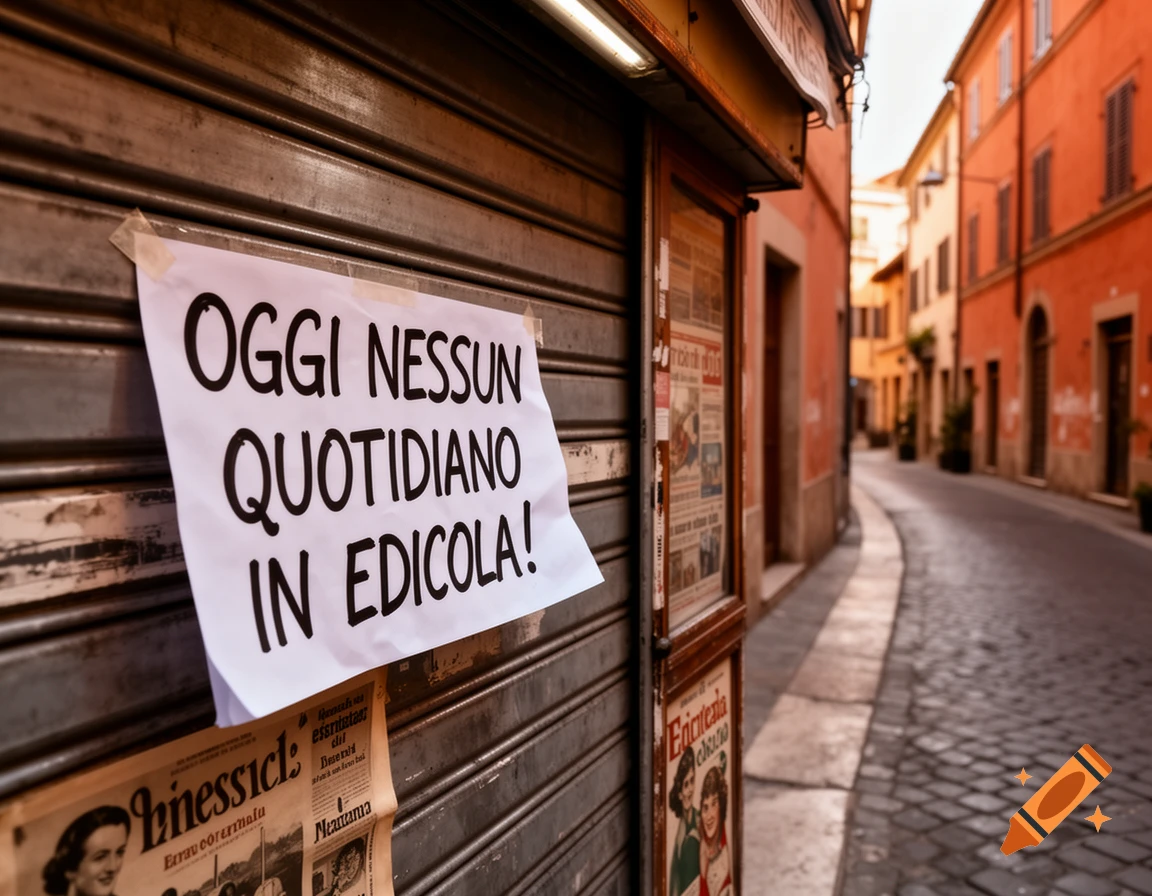 A closed Italian newsstand on a quiet cobblestone street, with a sign reading 'OGGI NESSUN QUOTIDIANO IN EDICOLA!' (NO NEWSPAPERS TODAY).