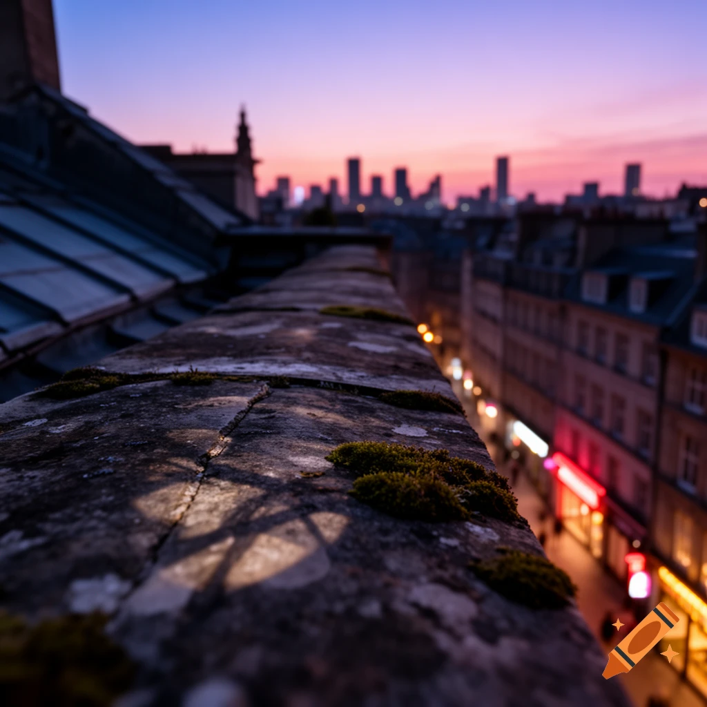 Close-up of a mossy stone roof ledge overlooking a blurred city street at dusk, with a vibrant pink and purple sky.