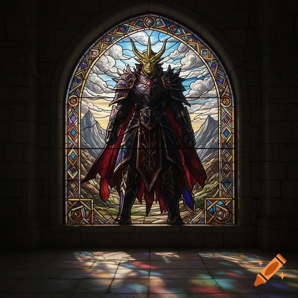 Stained glass artwork of a powerful armored figure with a golden horned mask standing in an arched window of a dark stone chamber, casting colorful light on the floor.