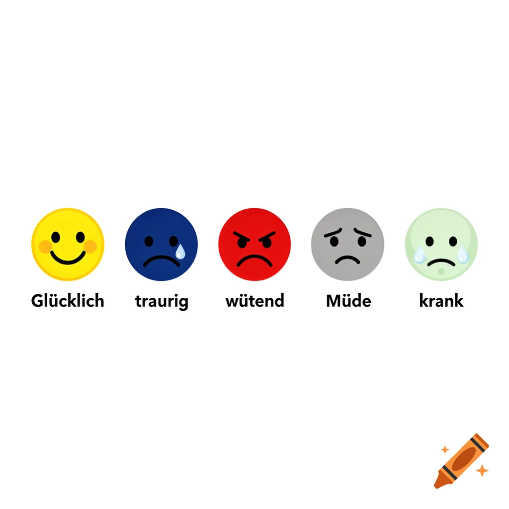 Five colorful emoji faces depicting happy, sad, angry, tired, and sick emotions, each labeled in German.
