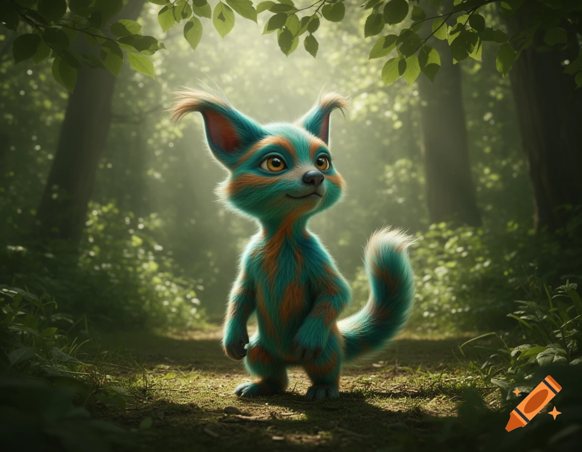 A cute, colorful furry creature with teal and orange stripes stands on a sunlit forest path.