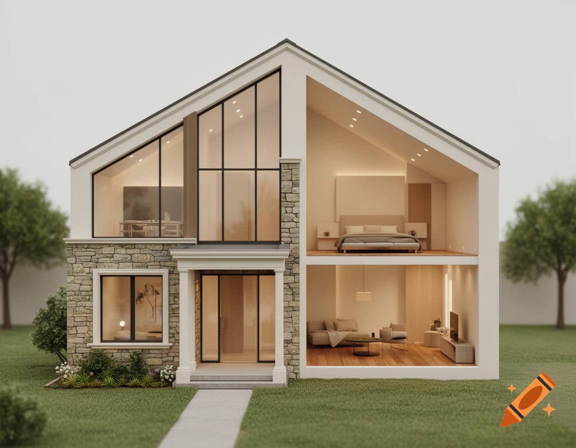 A detailed cutaway view of a modern two-story house with a stone facade, large windows, and furnished interior rooms.