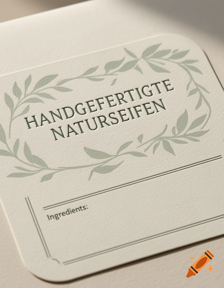 Close-up of a cream-colored label for 'Handgefertigte Naturseifen' with green leaf illustrations and an 'Ingredients' section.