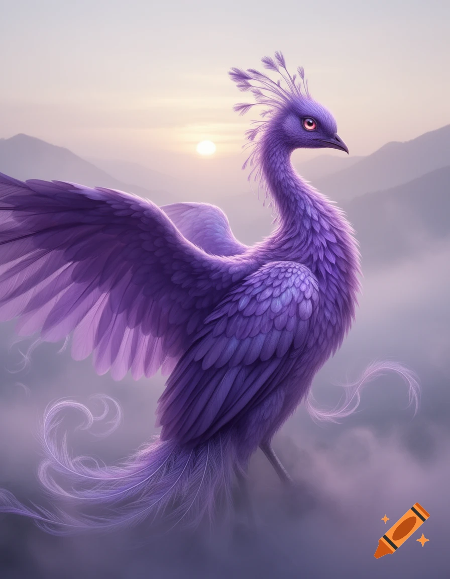 A majestic purple phoenix with outstretched wings stands against a backdrop of mountains and a soft, hazy sunrise.