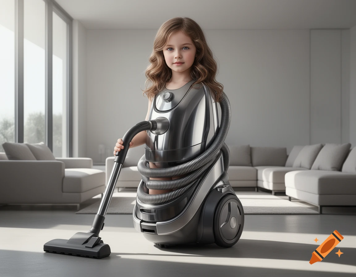 A young girl with her lower body replaced by a silver vacuum cleaner, holding the vacuum wand in a modern living room. Photorealistic.