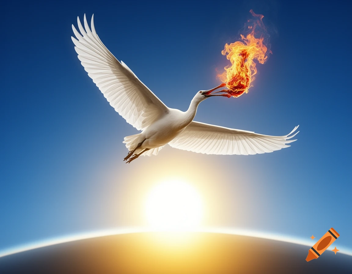 A white bird with spread wings flies high in a blue sky, carrying a plume of orange fire in its beak. A bright sun rises below.