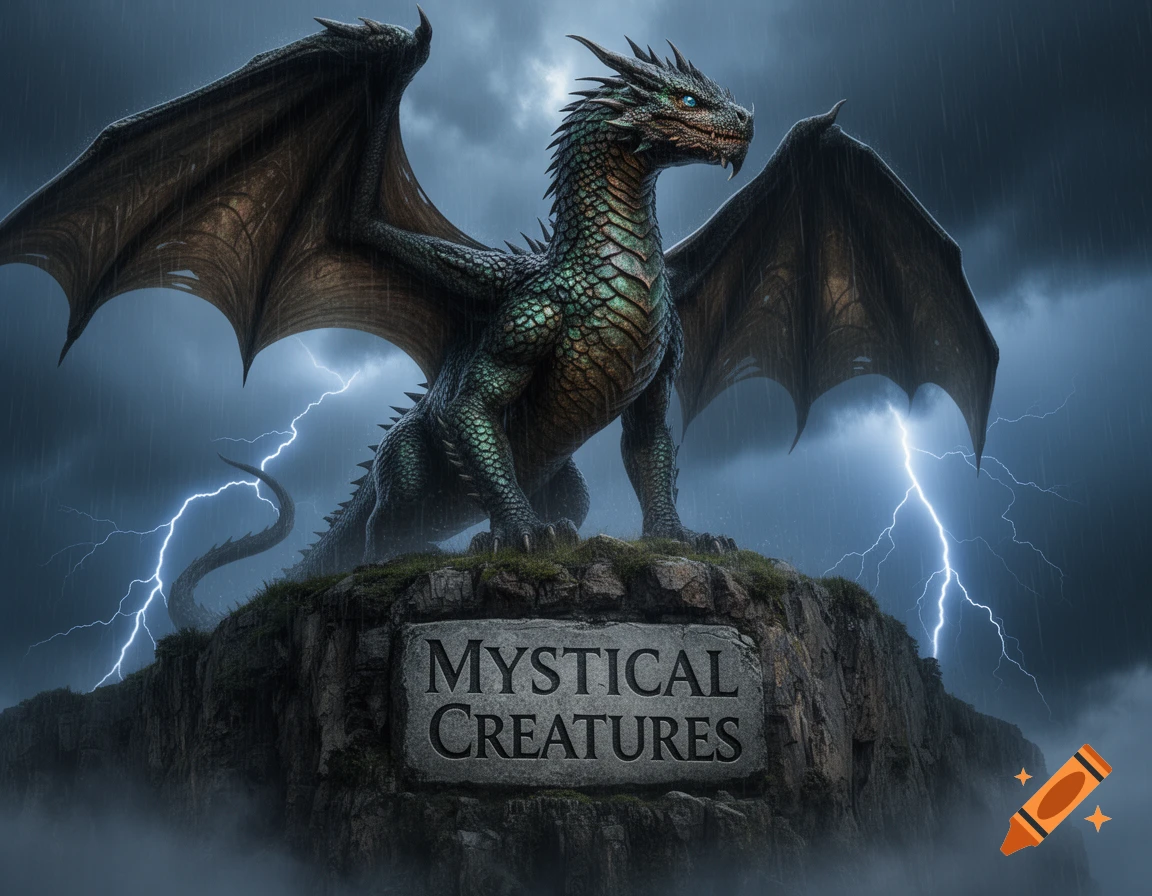 A majestic green dragon with large wings sits atop a rocky cliff in a stormy landscape with lightning and rain. A sign reads 'MYSTICAL CREATURES'.
