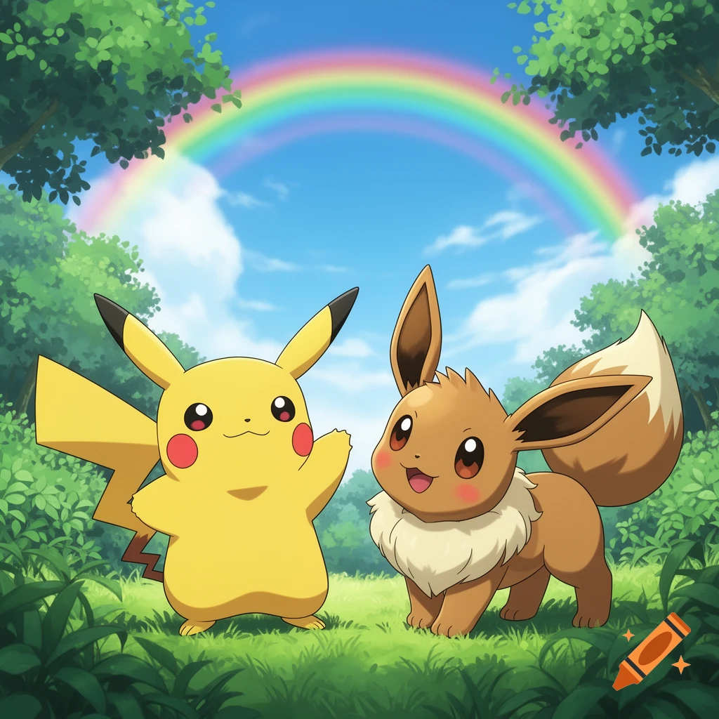 Pikachu and Eevee stand together in a vibrant green forest under a bright blue sky with a rainbow.