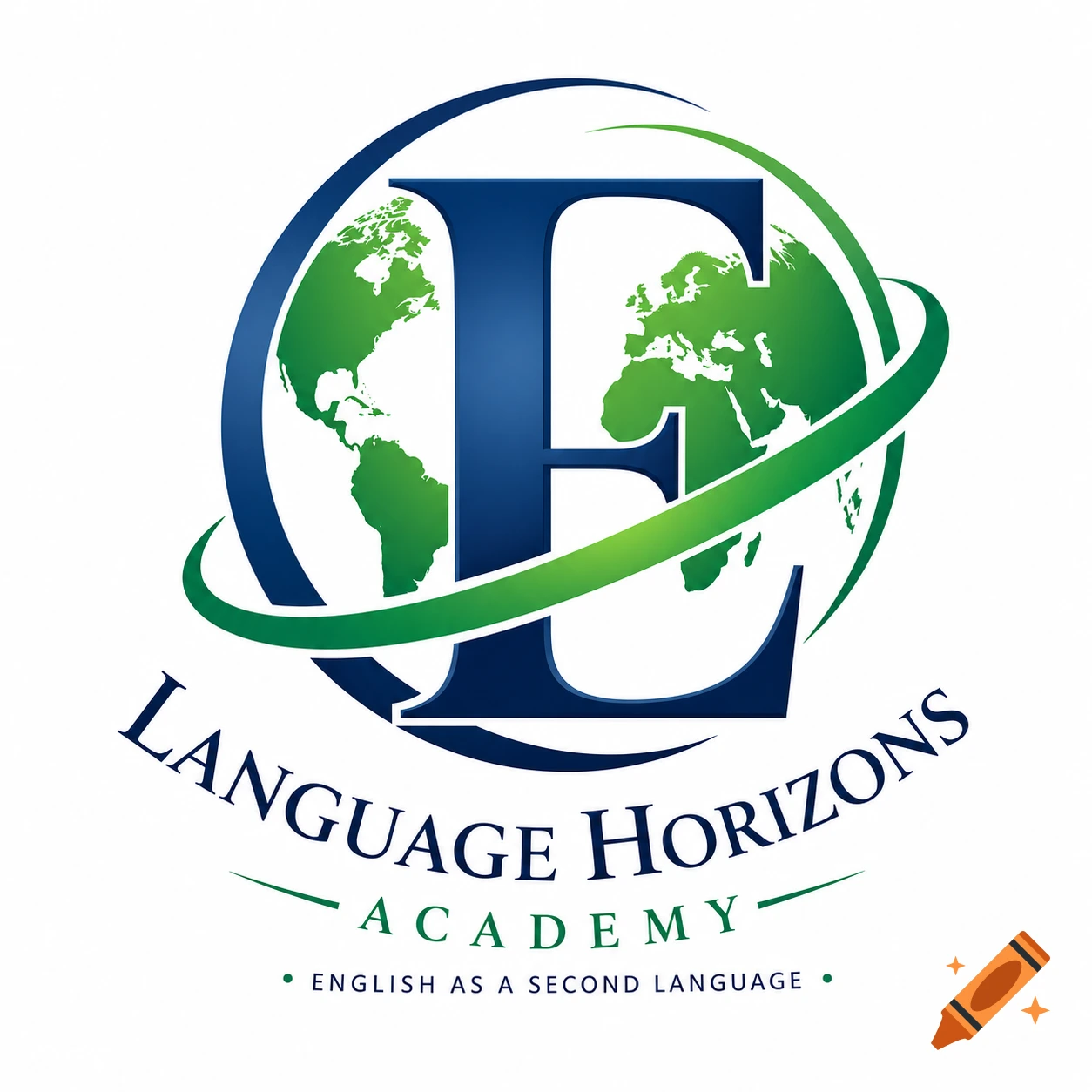 Logo with a blue letter 'E' over a globe, encircled by a green swoosh, with text 'Language Horizons Academy' and 'English as a Second Language'.