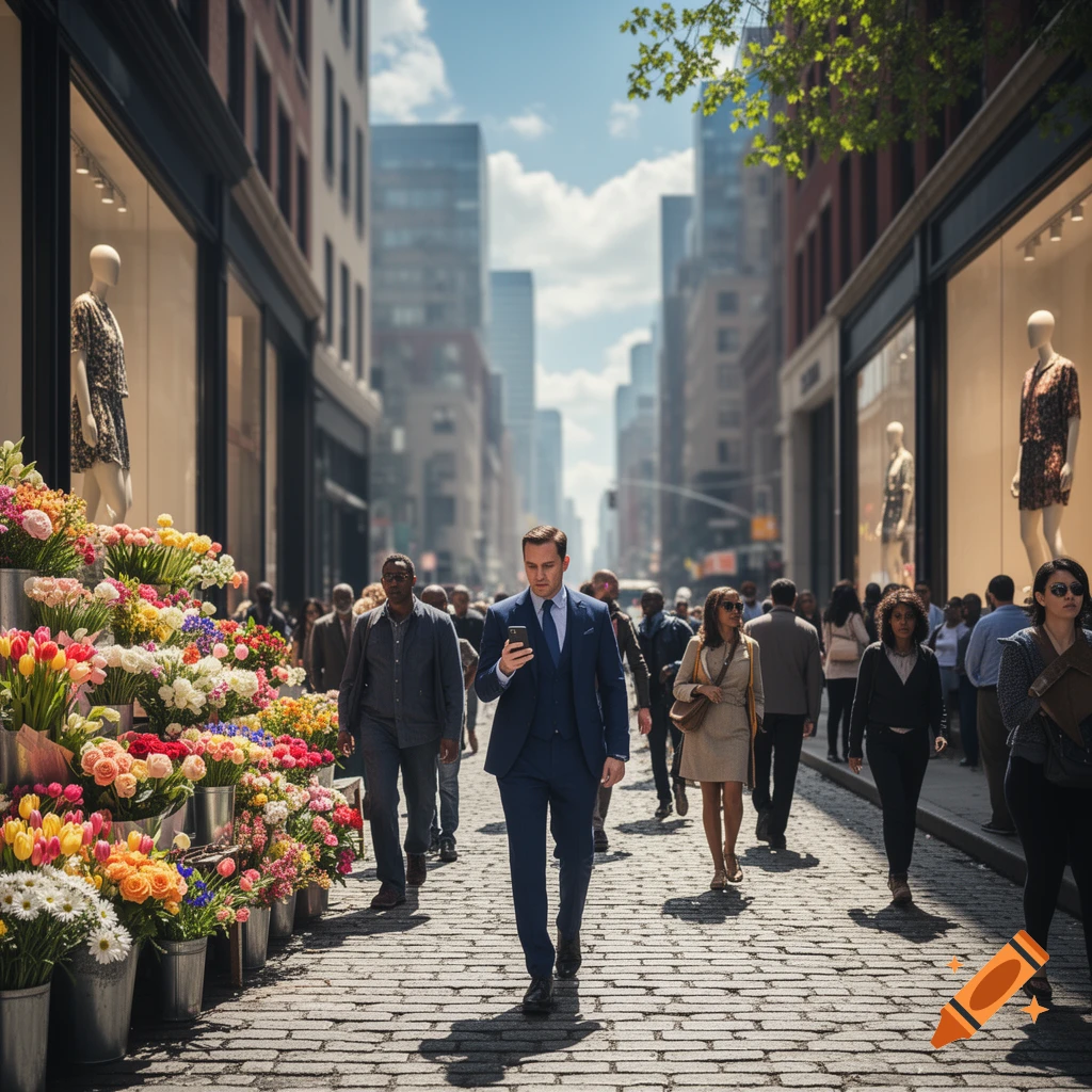 A man in a blue suit walks down a bustling photorealistic city street, looking at his phone, past vibrant flower stalls and shops.