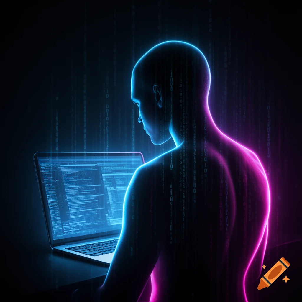 Stylized figure with blue and magenta neon outlines looks at a glowing laptop with code, against a dark background with falling binary digits.