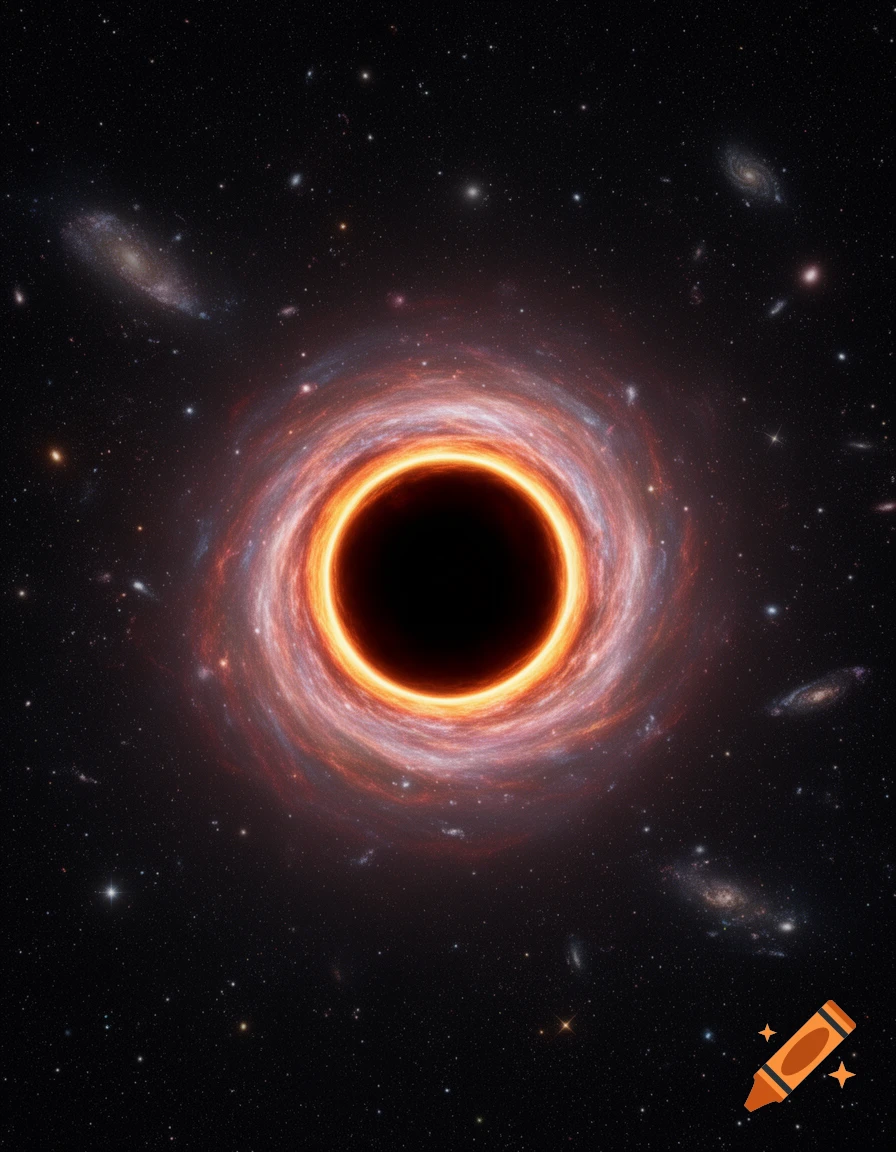 A luminous black hole with an orange and red accretion disk in deep space, surrounded by stars and galaxies.