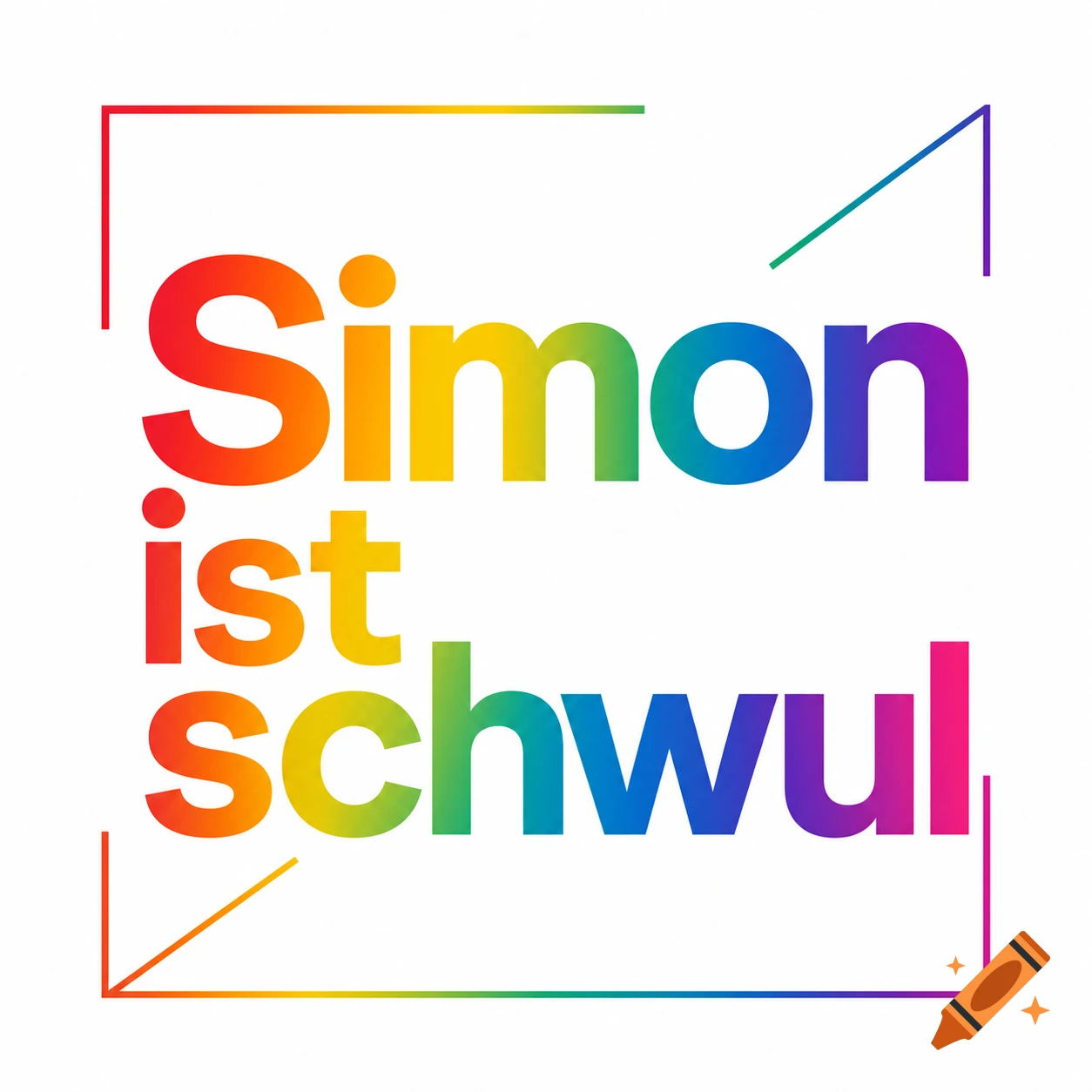 Rainbow gradient text "Simon ist schwul" (Simon is gay) in a colorful abstract frame.