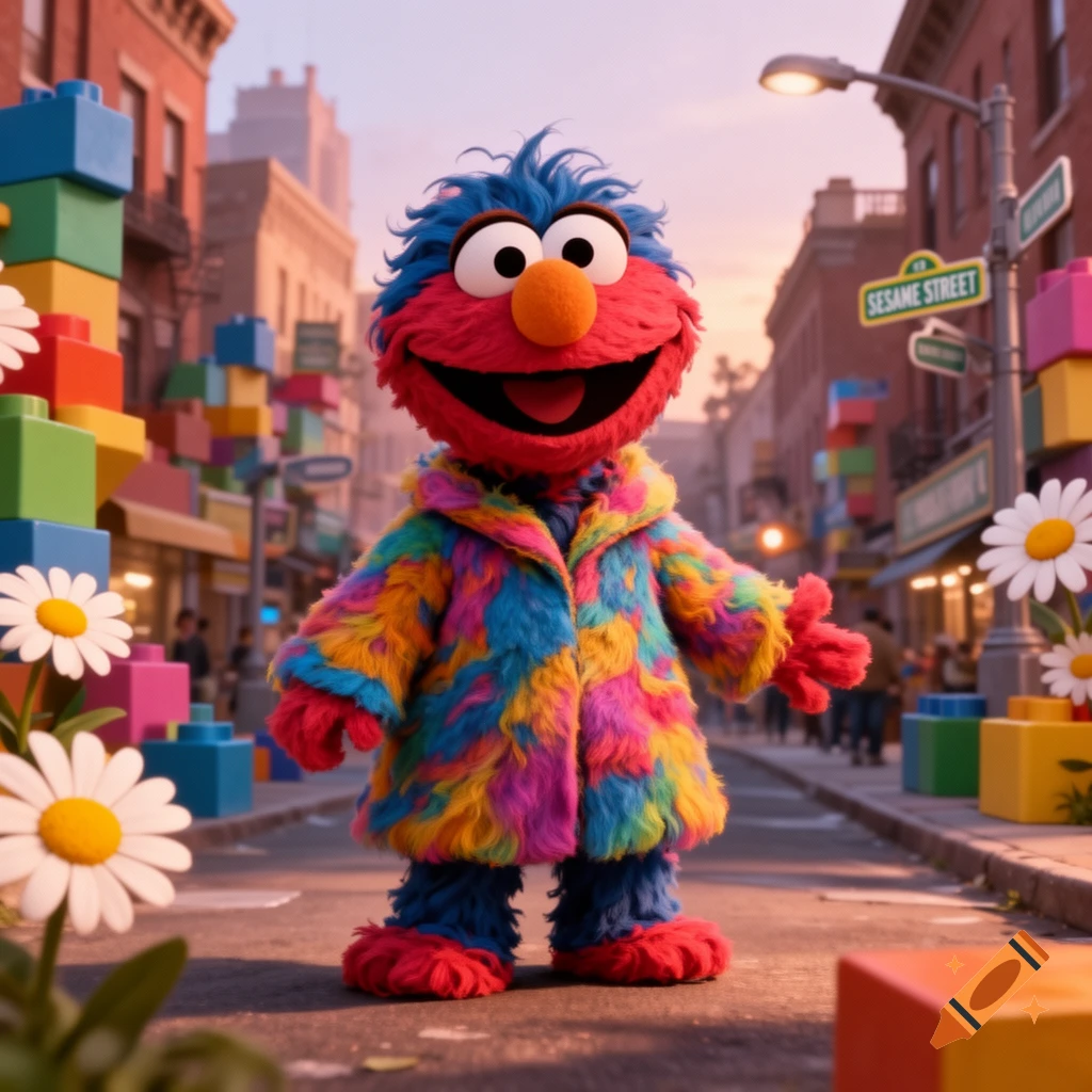 A fuzzy, red and blue Sesame Street-like character wearing a colorful fur coat stands on an urban street with large building blocks.