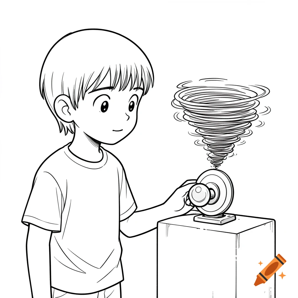 Black and white manga line art of a boy looking at a device with a swirling cartoon tornado coming out of it.