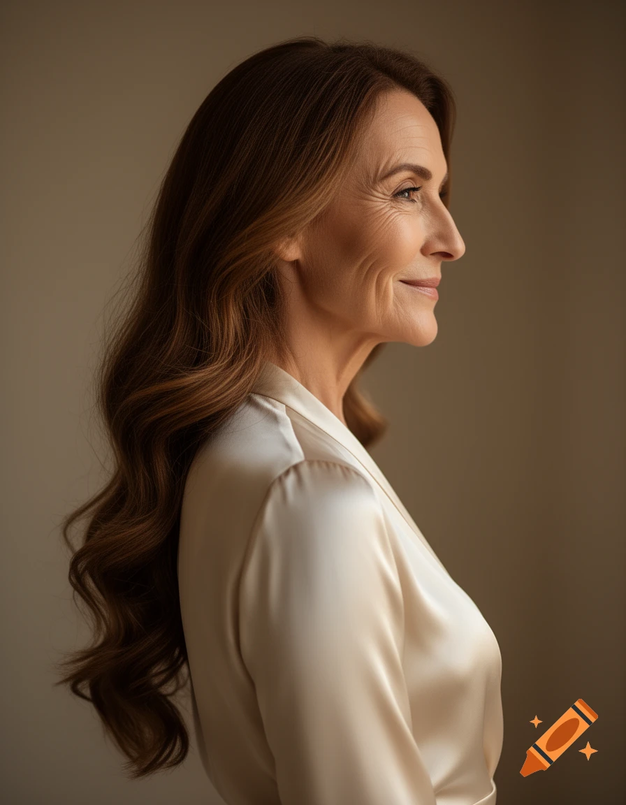 A photorealistic profile shot of a middle-aged woman with long brown wavy hair, smiling softly in a champagne-colored satin robe.