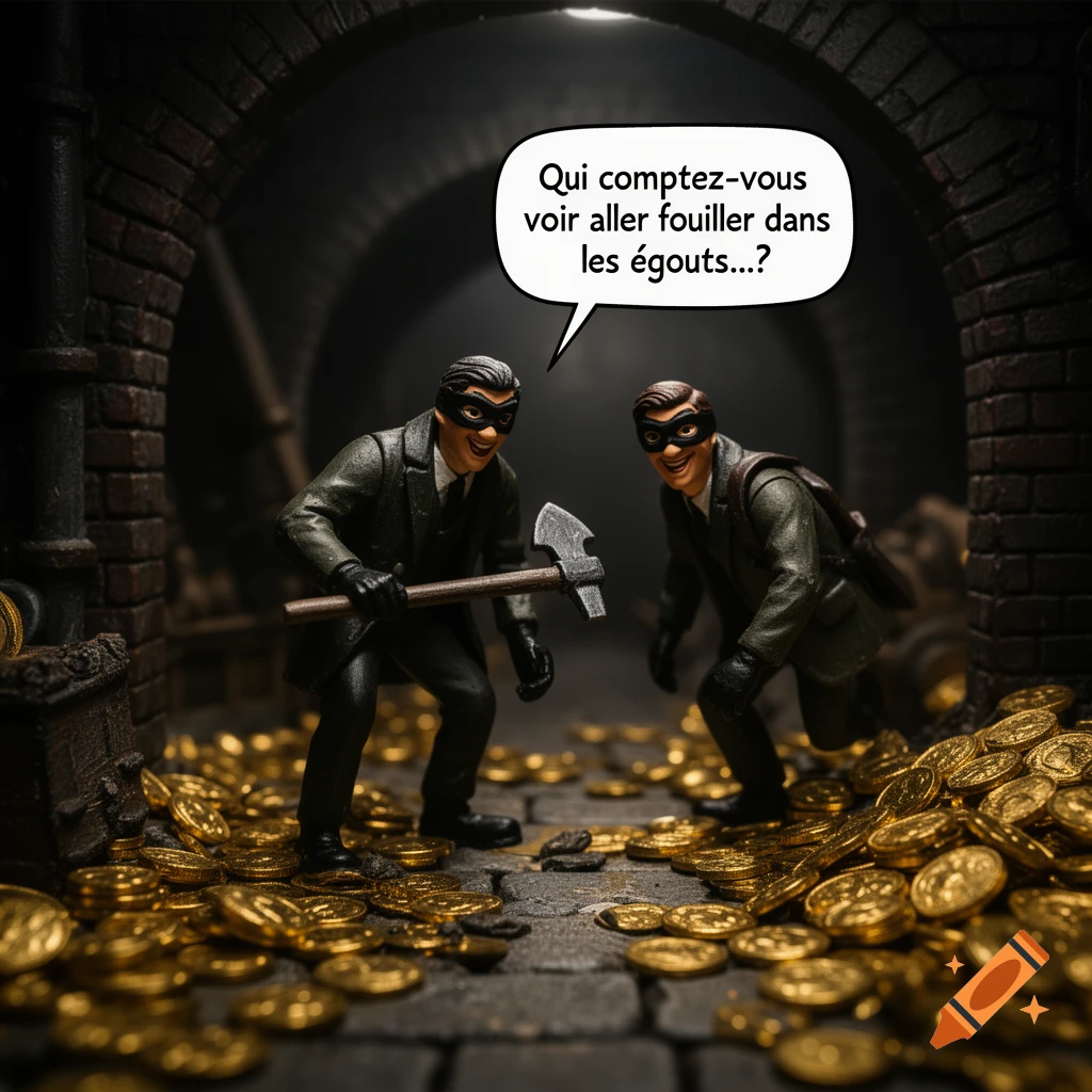 Two masked action figures dressed as thieves stand in a gold-filled sewer with an axe, one speaking.