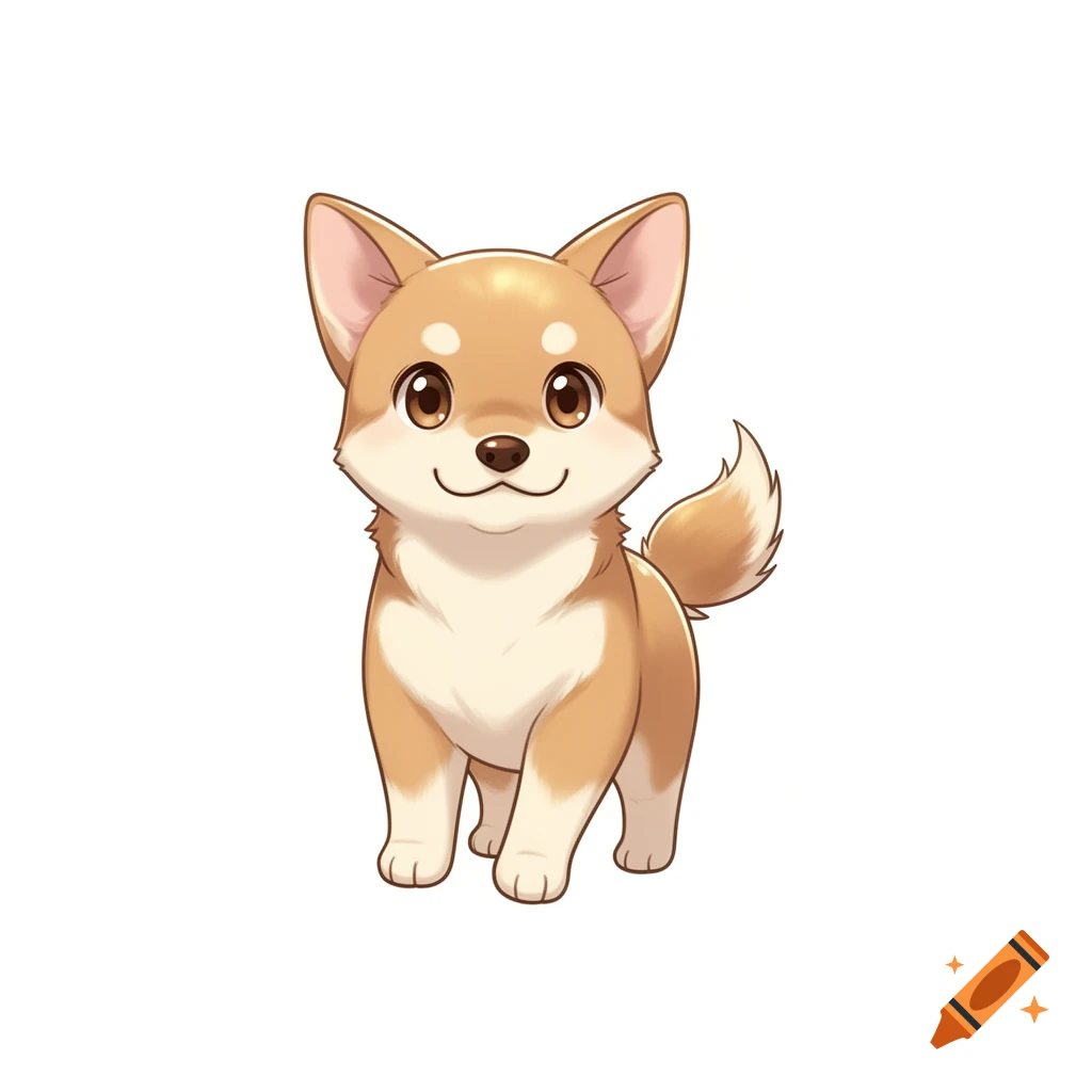 A cute, smiling cartoon Shiba Inu dog with tan and white fur and big brown eyes, standing on a white background.