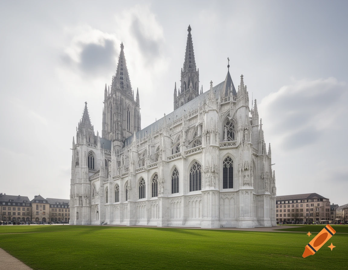 A majestic white Gothic cathedral with multiple spires and intricate detailing stands on a lush green lawn under a cloudy sky.