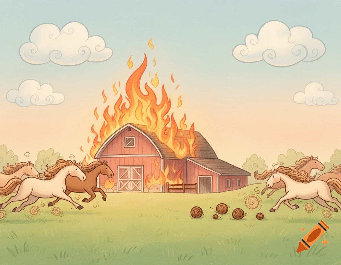 Childishly drawn illustration of a red barn on fire with horses galloping away in a green field under a pale sky.