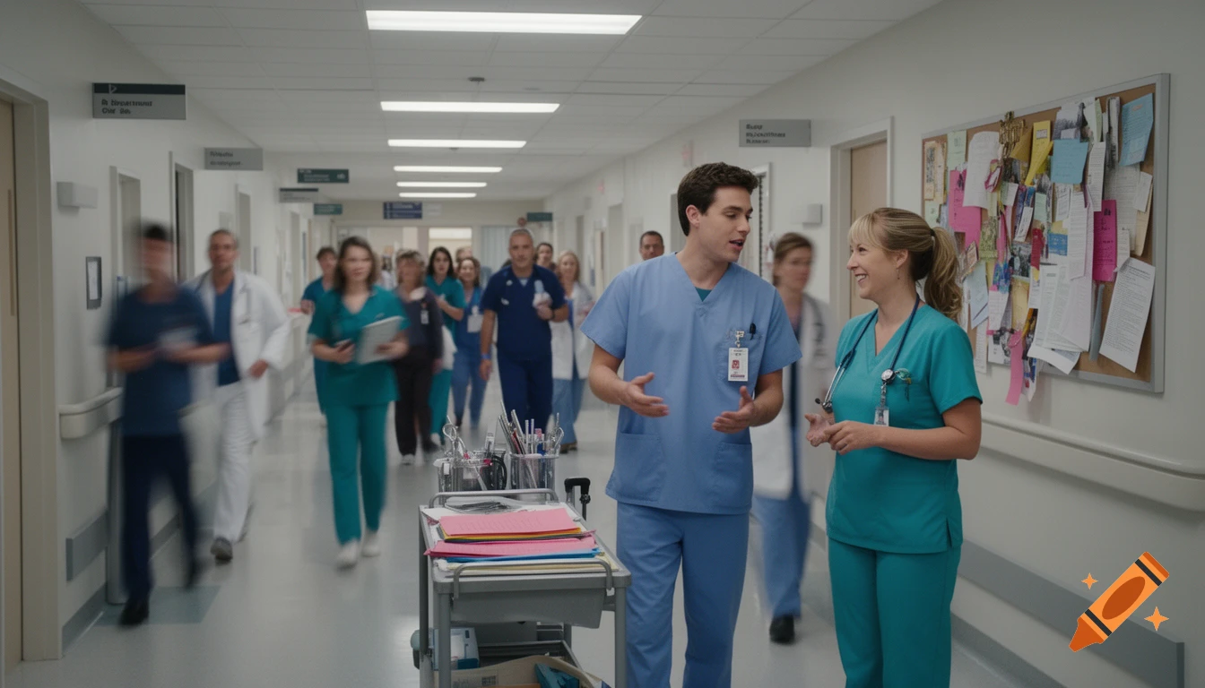 A male and female medical professional in scrubs talk in a busy hospital hallway with blurred colleagues and a cart.