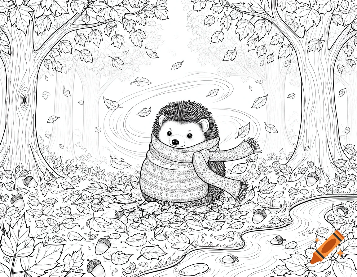 A black and white coloring page of a cute hedgehog wearing a patterned scarf, surrounded by fallen autumn leaves and acorns in a forest.
