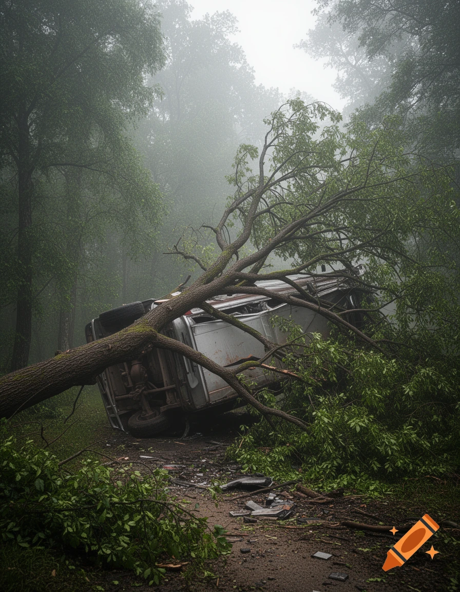 An overturned silver car is crushed by a fallen tree in a misty, overgrown forest. Photorealistic.