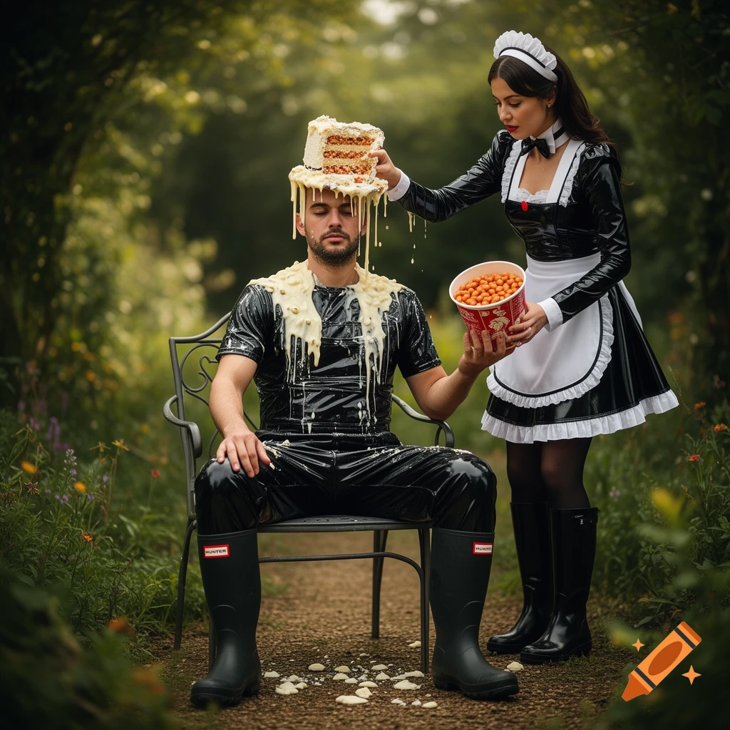 A man in black latex sits on a garden chair, covered in cake and cream, as a French maid stands nearby holding a bucket of beans.